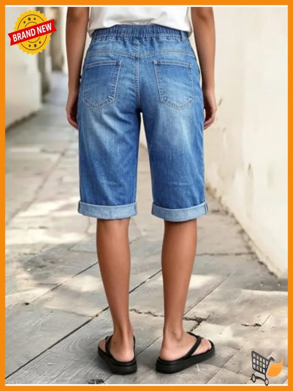 Mid Rise Straight Leg Bermuda Denim Shorts with Drawstring Wash Stitch Detail